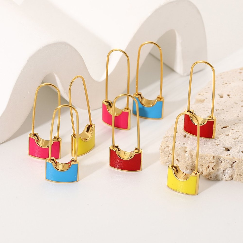 Pink Safety Pin Lock Dangle Earrings 18k Gold Stainless Steel‎ - Picture 7 of 7